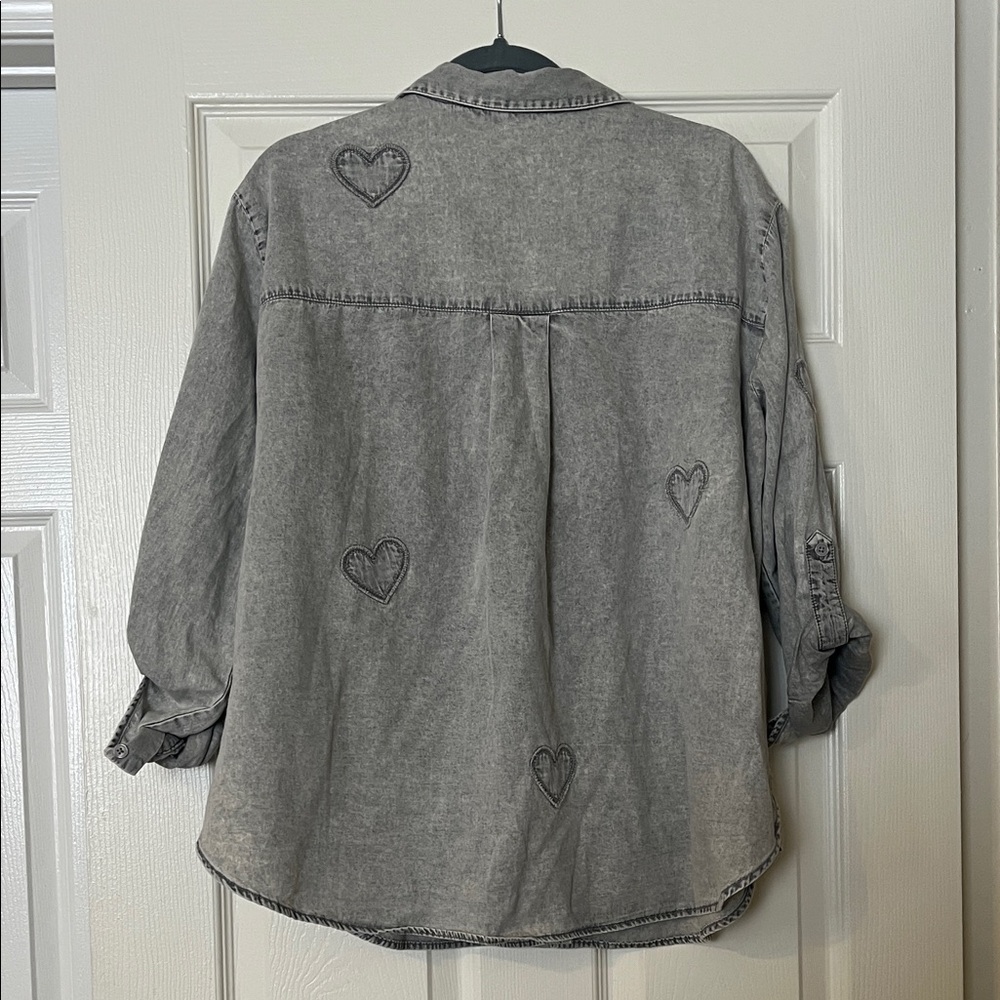 Jane and Delancey Gray Washed Heart-Embroidered Button-Up Blouse - Picture 2 of 8